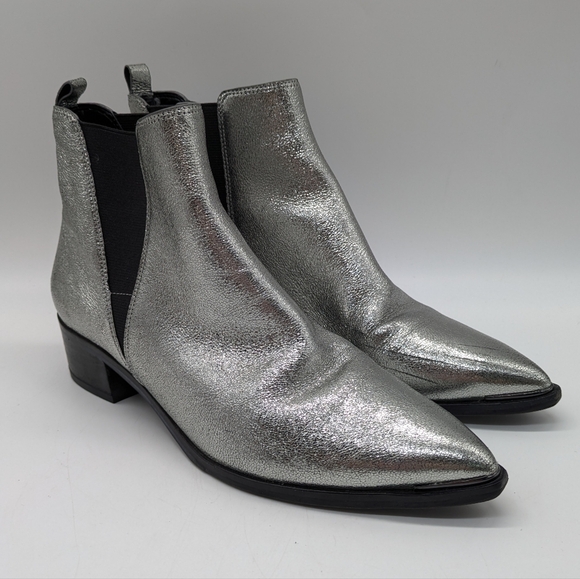 Marc Fisher Silver Black Yale Pointed Toe Leather Wedge Heel Boot 8 - Picture 1 of 11